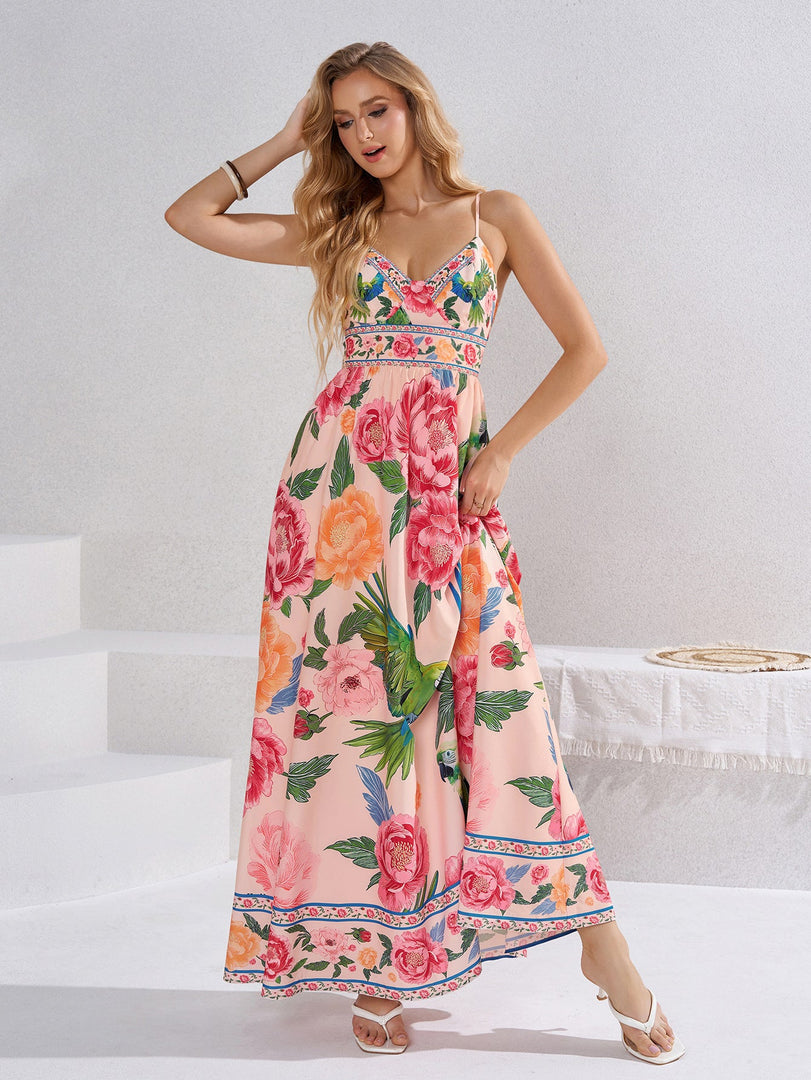 Deep V-Neck Tie Back Floral Print Cami Dress | Vacation Dress, Wedding Guest Dress