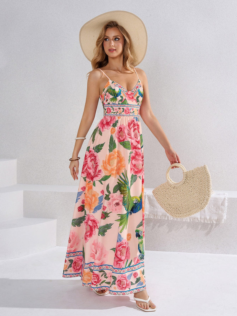 Deep V-Neck Tie Back Floral Print Cami Dress | Vacation Dress, Wedding Guest Dress