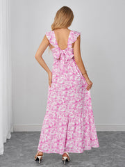 Deep V-Neck Tie Back Flounce Trim Floral Print Dress | Wedding Guest Dress, Vacation Dress