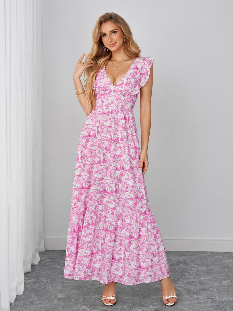 Deep V-Neck Tie Back Flounce Trim Floral Print Dress | Wedding Guest Dress, Vacation Dress