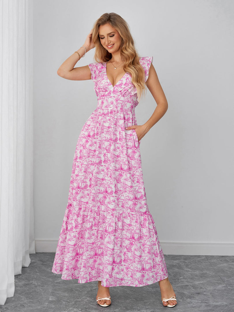 Deep V-Neck Tie Back Flounce Trim Floral Print Dress | Wedding Guest Dress, Vacation Dress