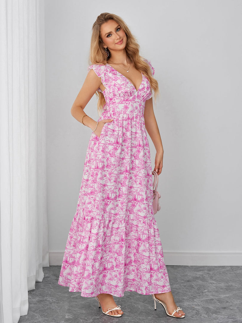 Deep V-Neck Tie Back Flounce Trim Floral Print Dress | Wedding Guest Dress, Vacation Dress