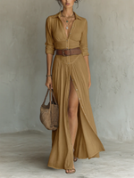 Load image into Gallery viewer, Women's Maxi Dress Collared Button Front Long Sleeve Side Slit Bohemian Style
