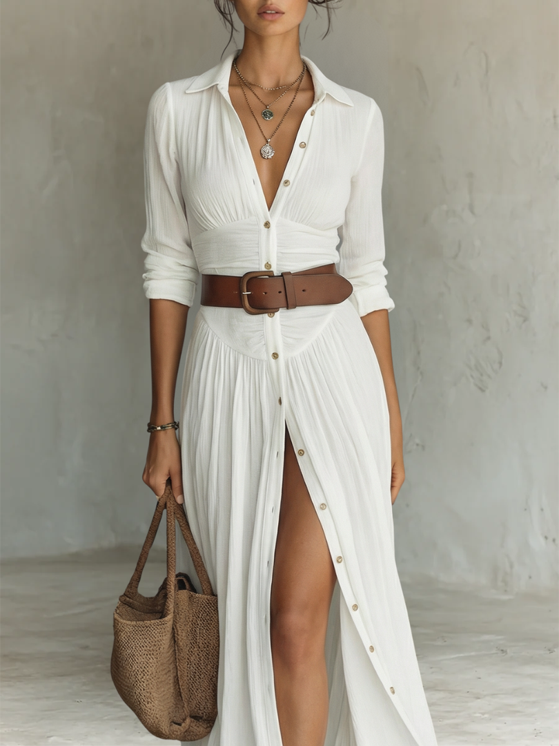 Women's Maxi Dress Collared Button Front Long Sleeve Side Slit Bohemian Style