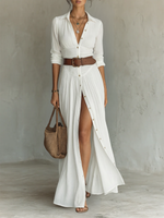 Load image into Gallery viewer, Women's White Maxi Dress Collared Button Front Long Sleeve Side Slit Bohemian Style
