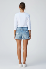 Load image into Gallery viewer, Women's Blue Denim Shorts Distressed Cuffed Hem Style
