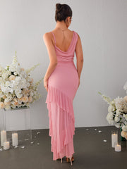Draped Backless Asymmetrical Hem Mesh Dress | Prom Dress