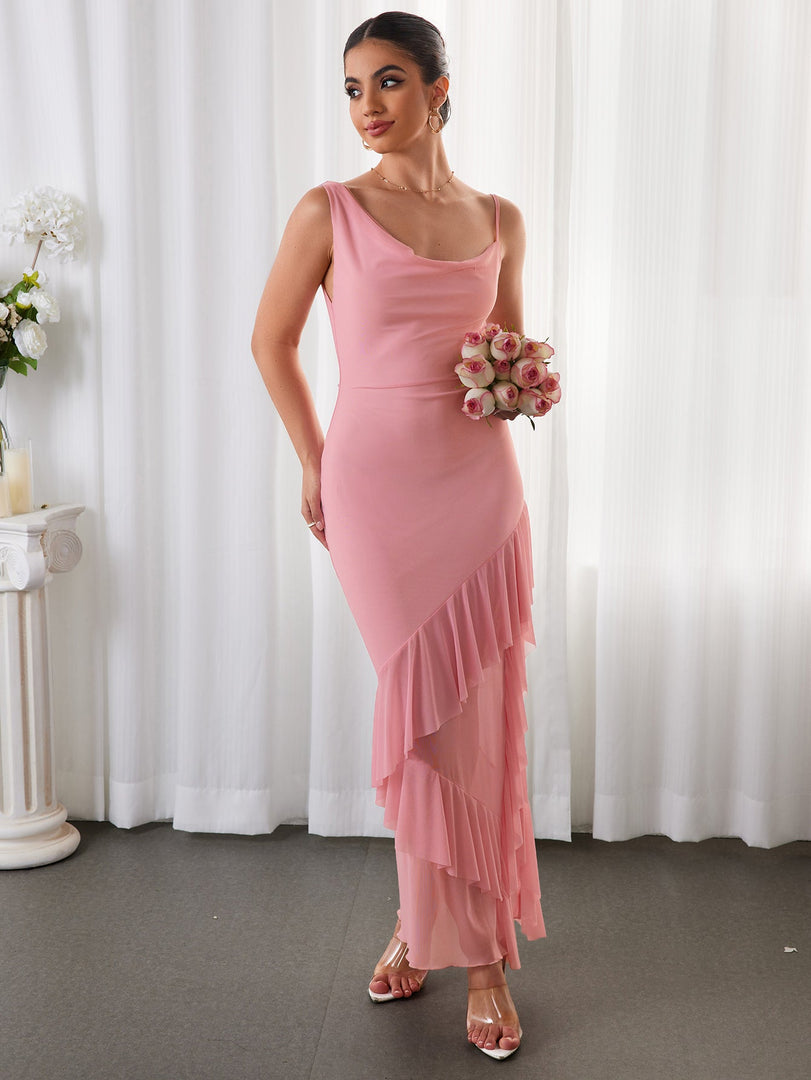 Draped Backless Asymmetrical Hem Mesh Dress | Prom Dress