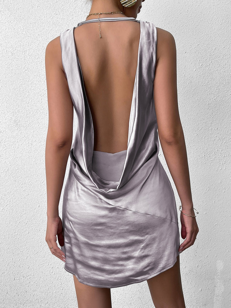 Draped Backless V-Neck Satin Mini Dress | Bridesmaid Dress