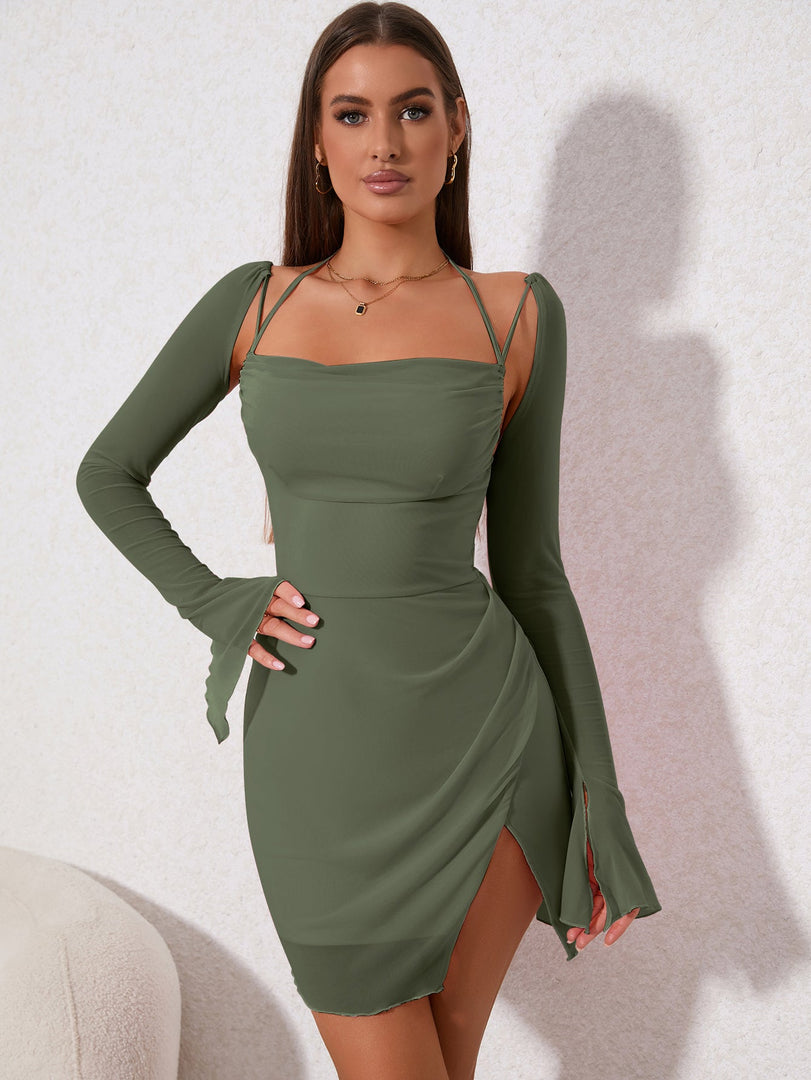 Draped Front Flounce Sleeve Ruched Side Split Hem Mesh Dress | Wedding Guest Dress, Vacation Dress