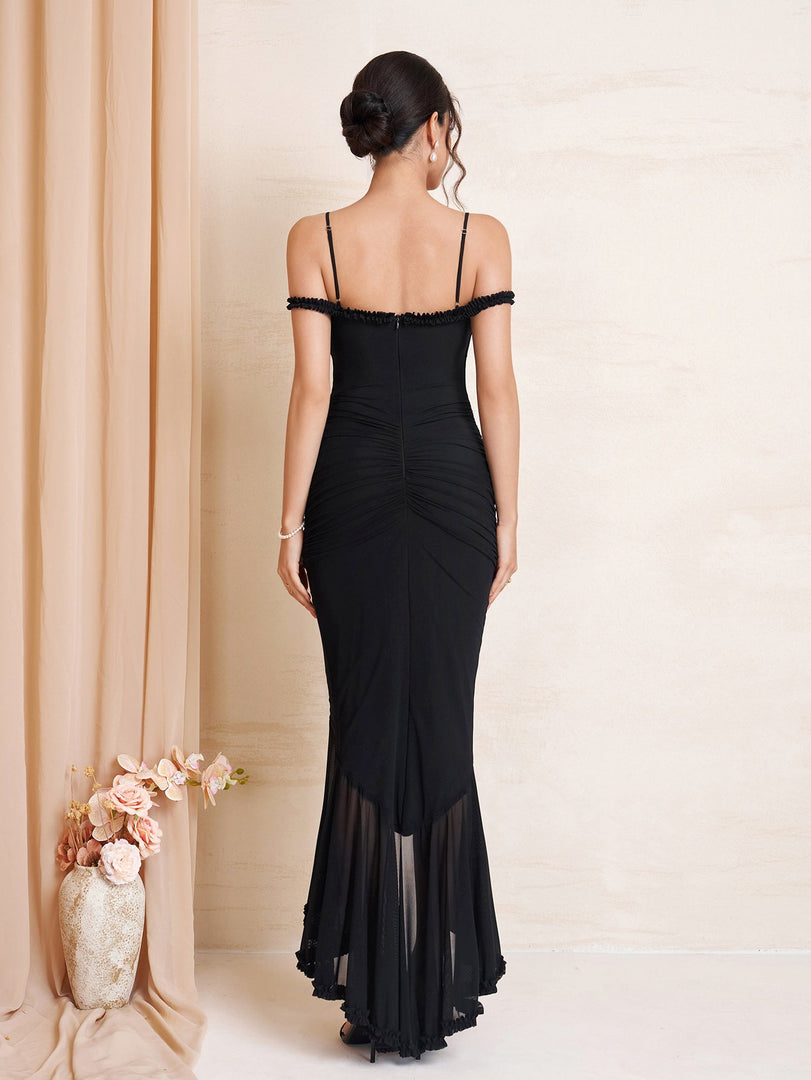 Draped Sleeve Ruched Asymmetrical Hem Mesh Dress | Prom Dress