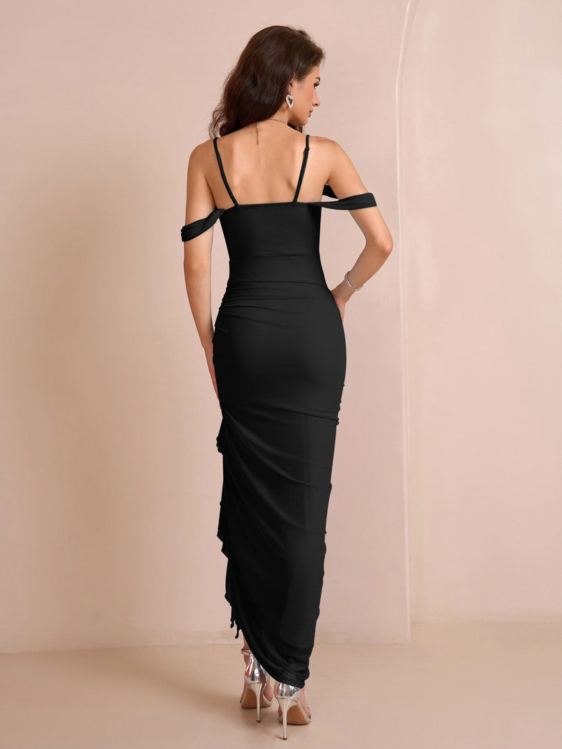 Draped Sleeve Ruched Crisscross Waist Asymmetrical Hem Mesh Dress | Prom Dress