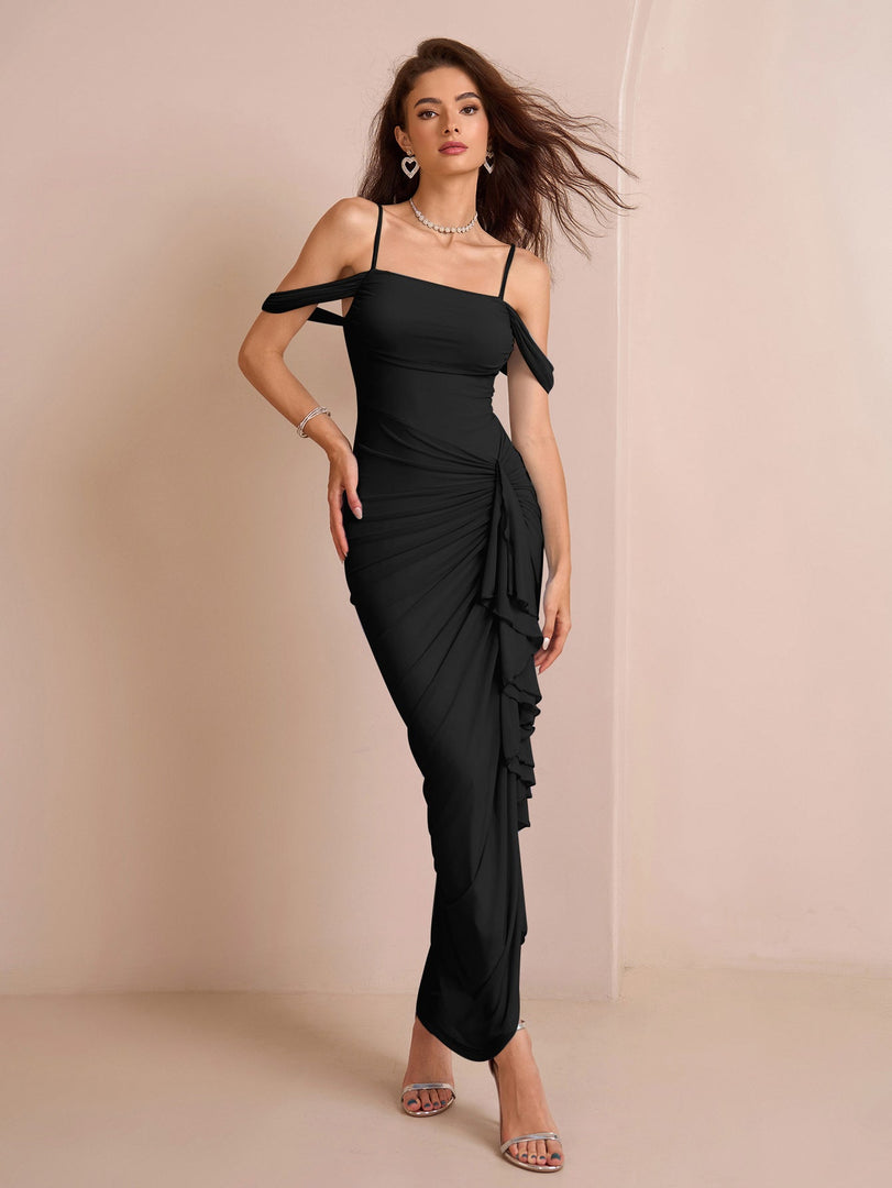 Draped Sleeve Ruched Crisscross Waist Asymmetrical Hem Mesh Dress | Prom Dress