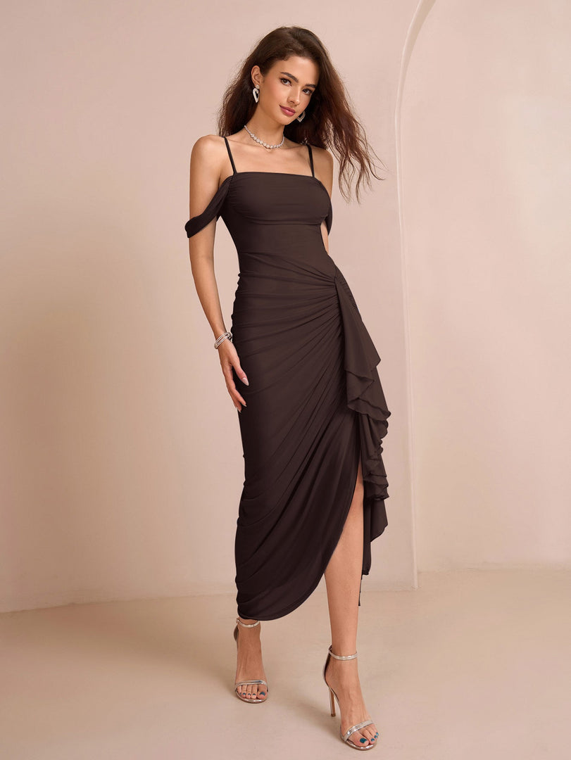 Draped Sleeve Ruched Crisscross Waist Asymmetrical Hem Mesh Dress | Prom Dress