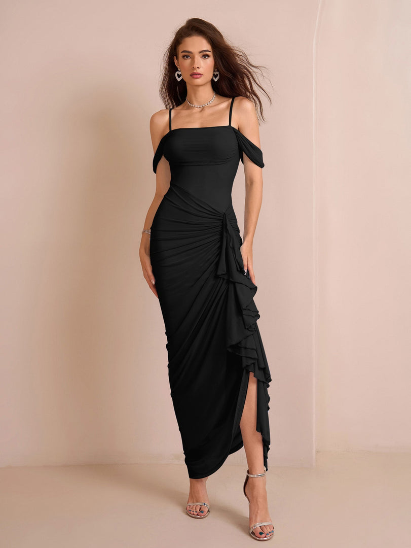 Draped Sleeve Ruched Crisscross Waist Asymmetrical Hem Mesh Dress | Prom Dress