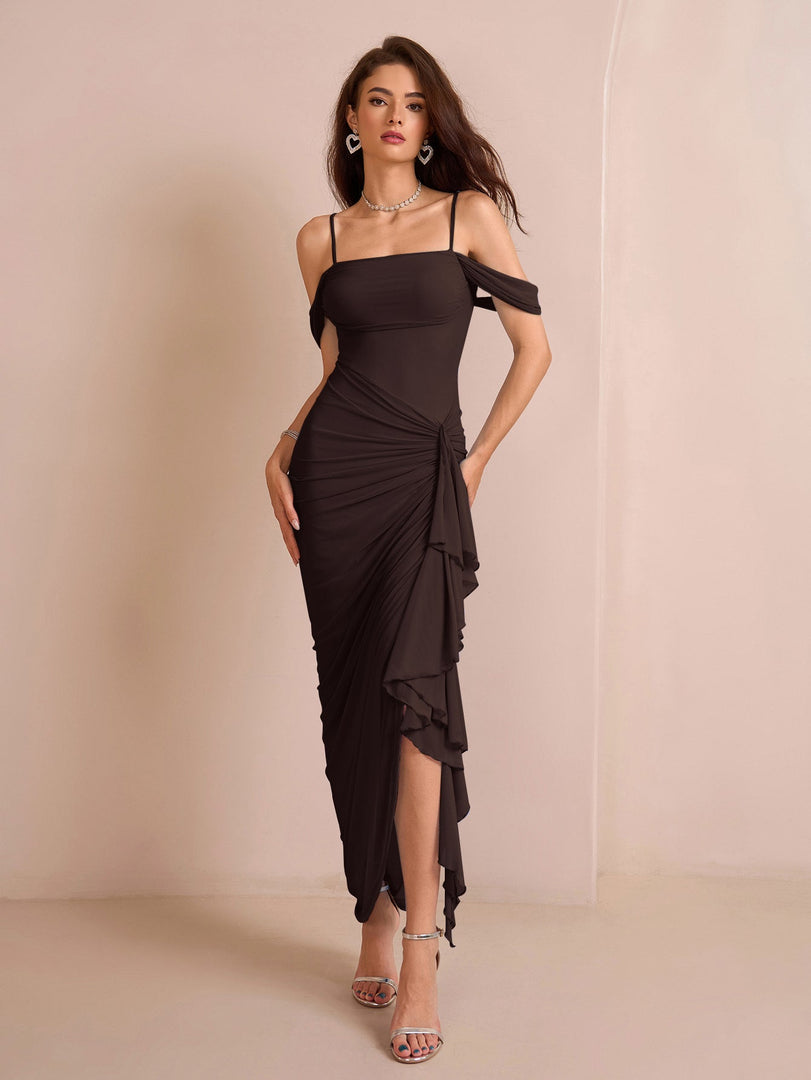 Draped Sleeve Ruched Crisscross Waist Asymmetrical Hem Mesh Dress | Prom Dress