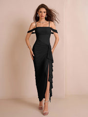 Draped Sleeve Ruched Crisscross Waist Asymmetrical Hem Mesh Dress | Prom Dress