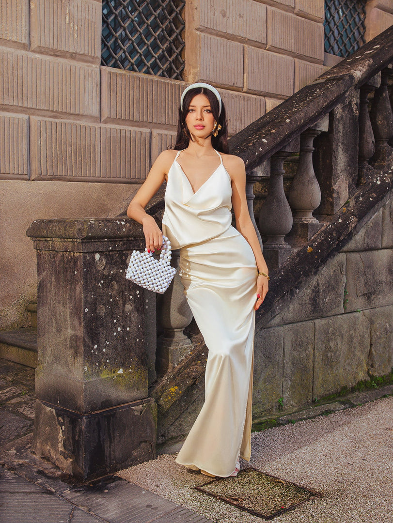 Draped Split Thigh Satin Backless Maxi Dress | Bridesmaid Dress