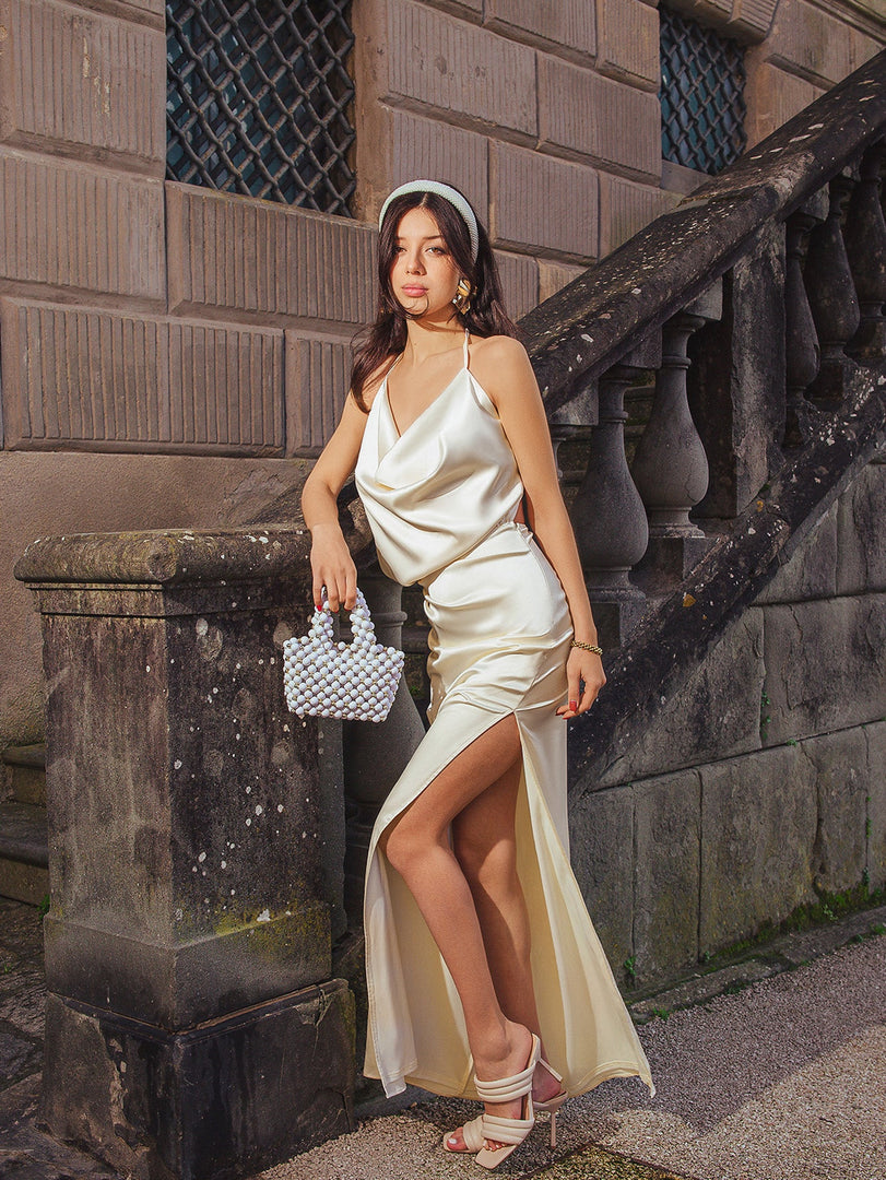 Draped Split Thigh Satin Backless Maxi Dress | Bridesmaid Dress