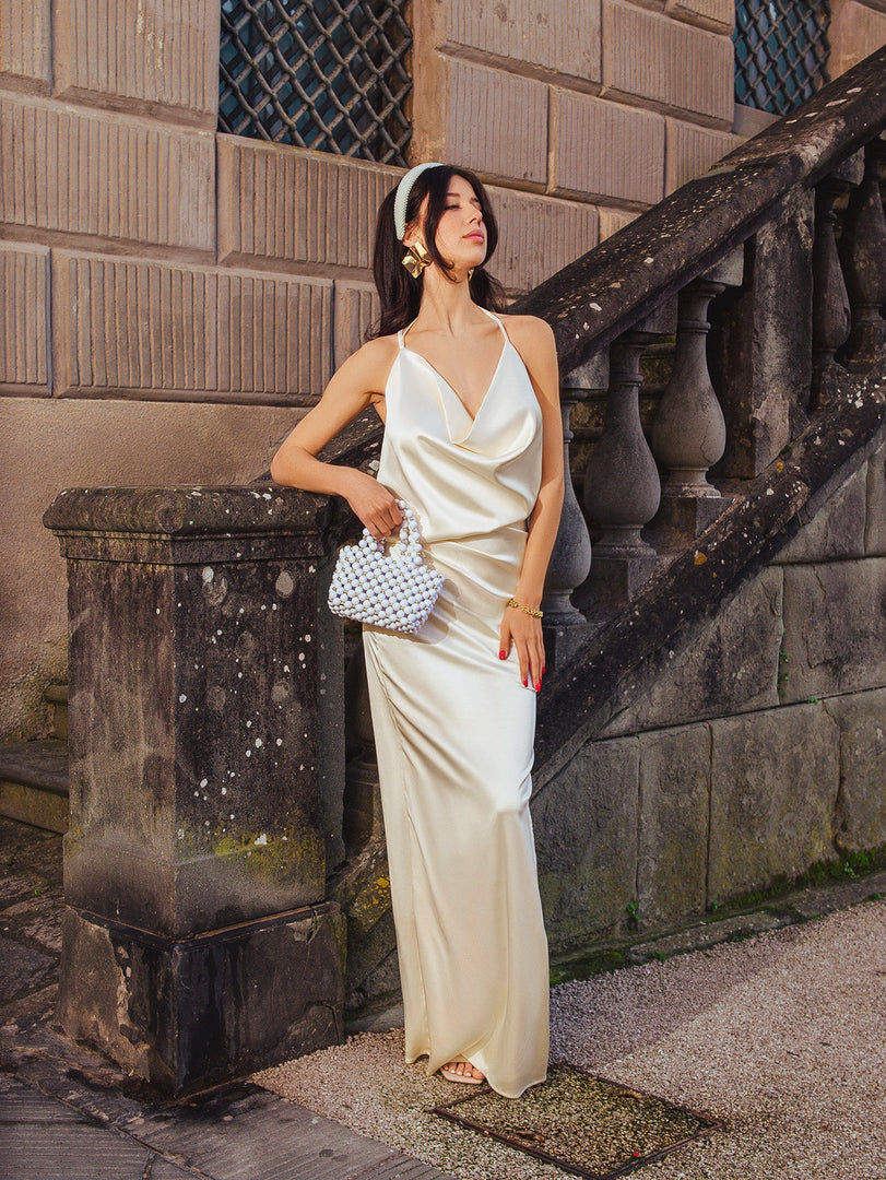 Draped Split Thigh Satin Backless Maxi Dress | Bridesmaid Dress