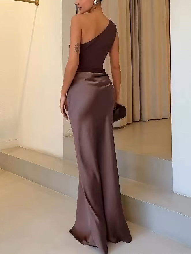Women's Satin Maxi Dress One Shoulder Ruched Waist Bias Cut Formal Wedding Guest Style
