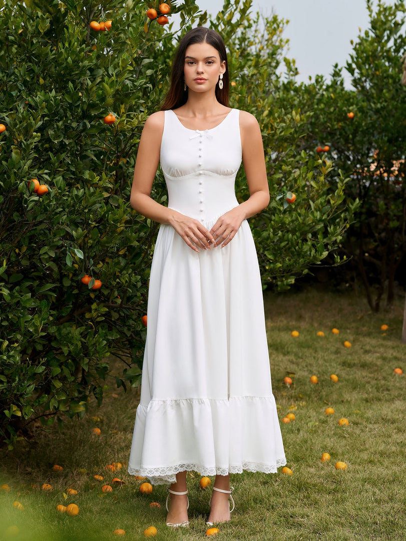 Embellished Button Crisscross Lace Trim Maxi Dress | Formal Dress