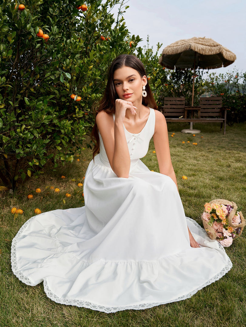 Embellished Button Crisscross Lace Trim Maxi Dress | Formal Dress