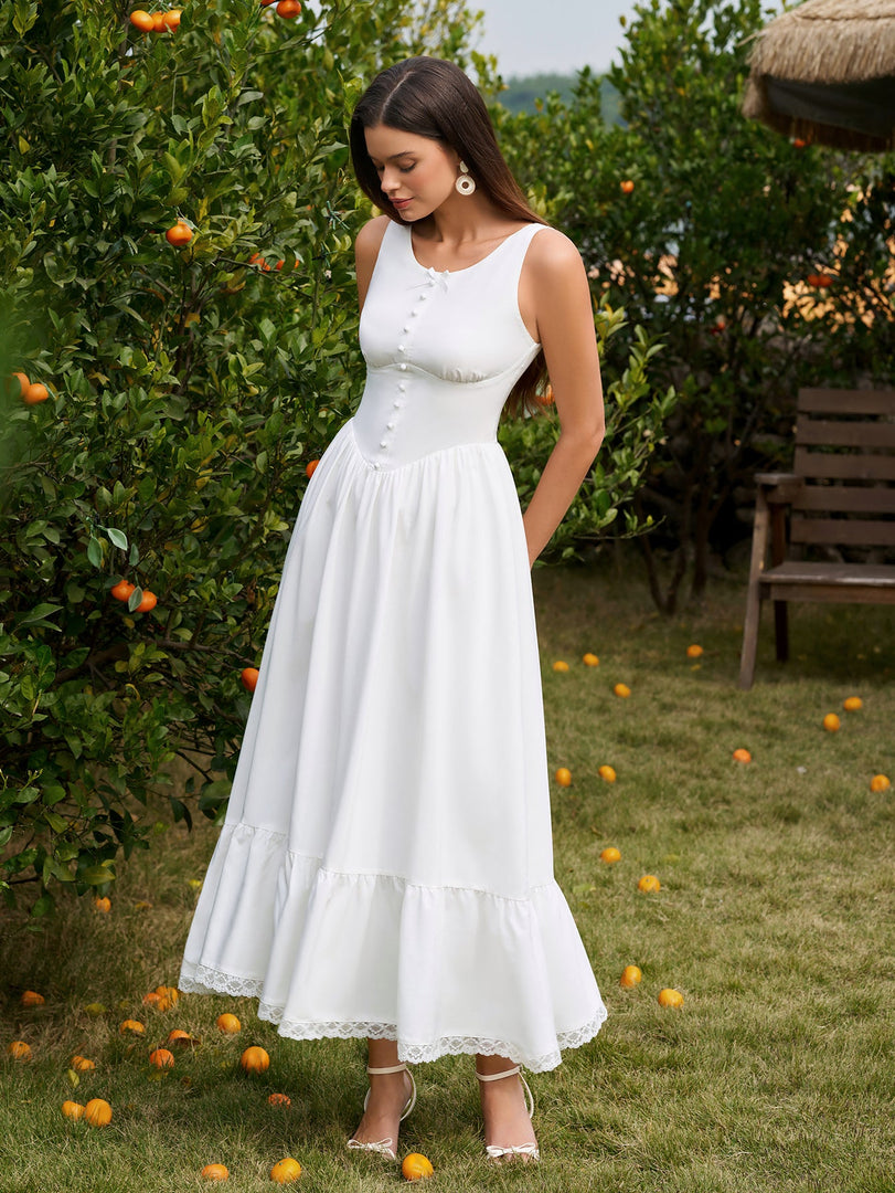 Embellished Button Crisscross Lace Trim Maxi Dress | Formal Dress