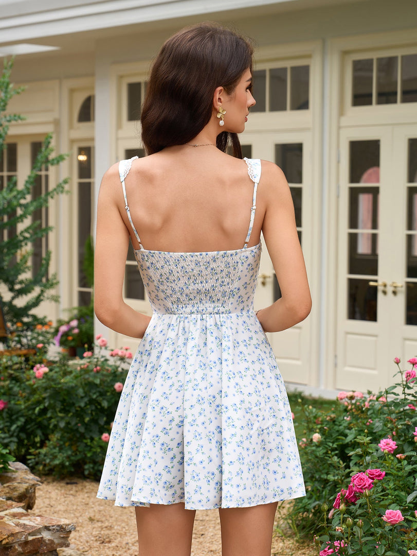 Embellished Button Lace Trim Floral Print Mini Dress | Wedding Guest Dress, Vacation Dress