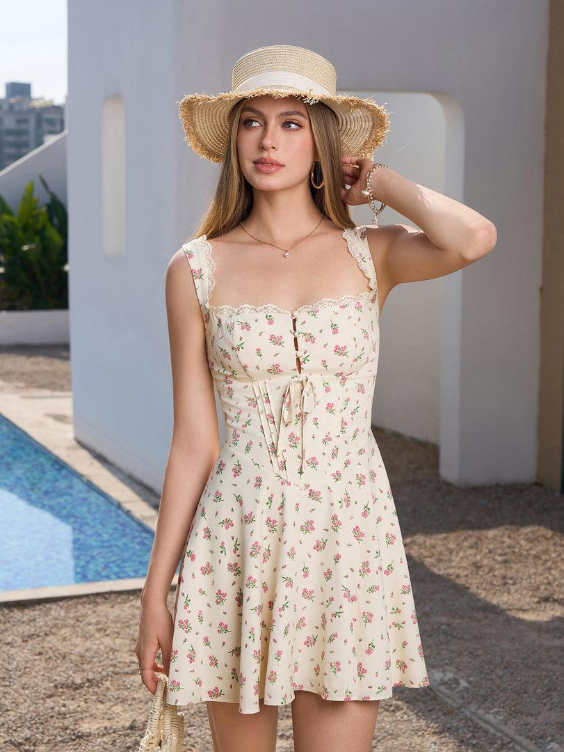 Embellished Button Lace Trim Floral Print Mini Dress | Wedding Guest Dress, Vacation Dress