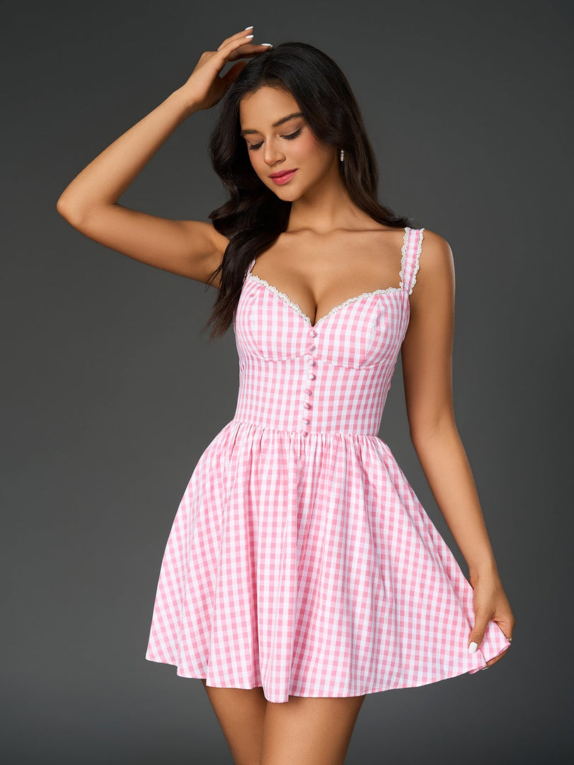 Embellished Button Plaid Print Cami Dress | Vacation Dress, Wedding Guest Dress