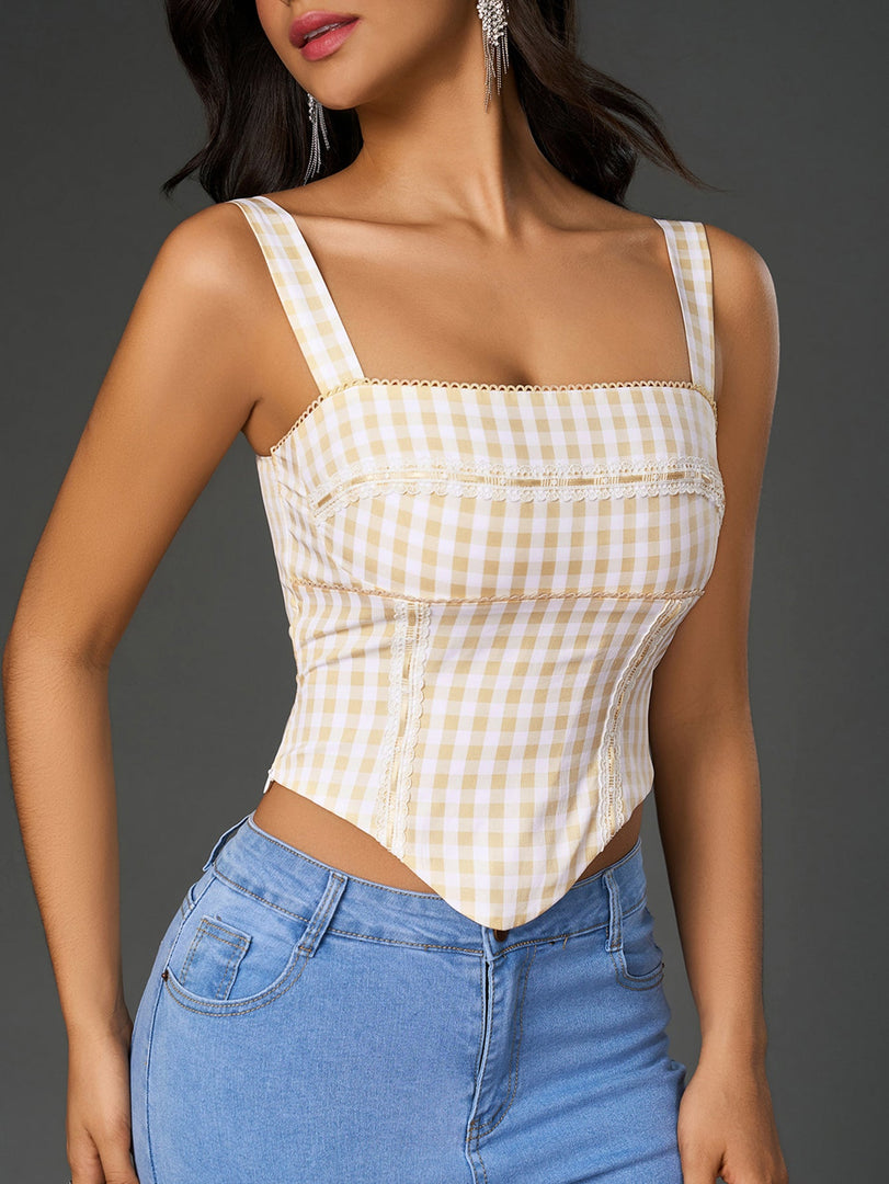 Embellished Lace Asymmetrical Hem Plaid Print Top | Vacation Top