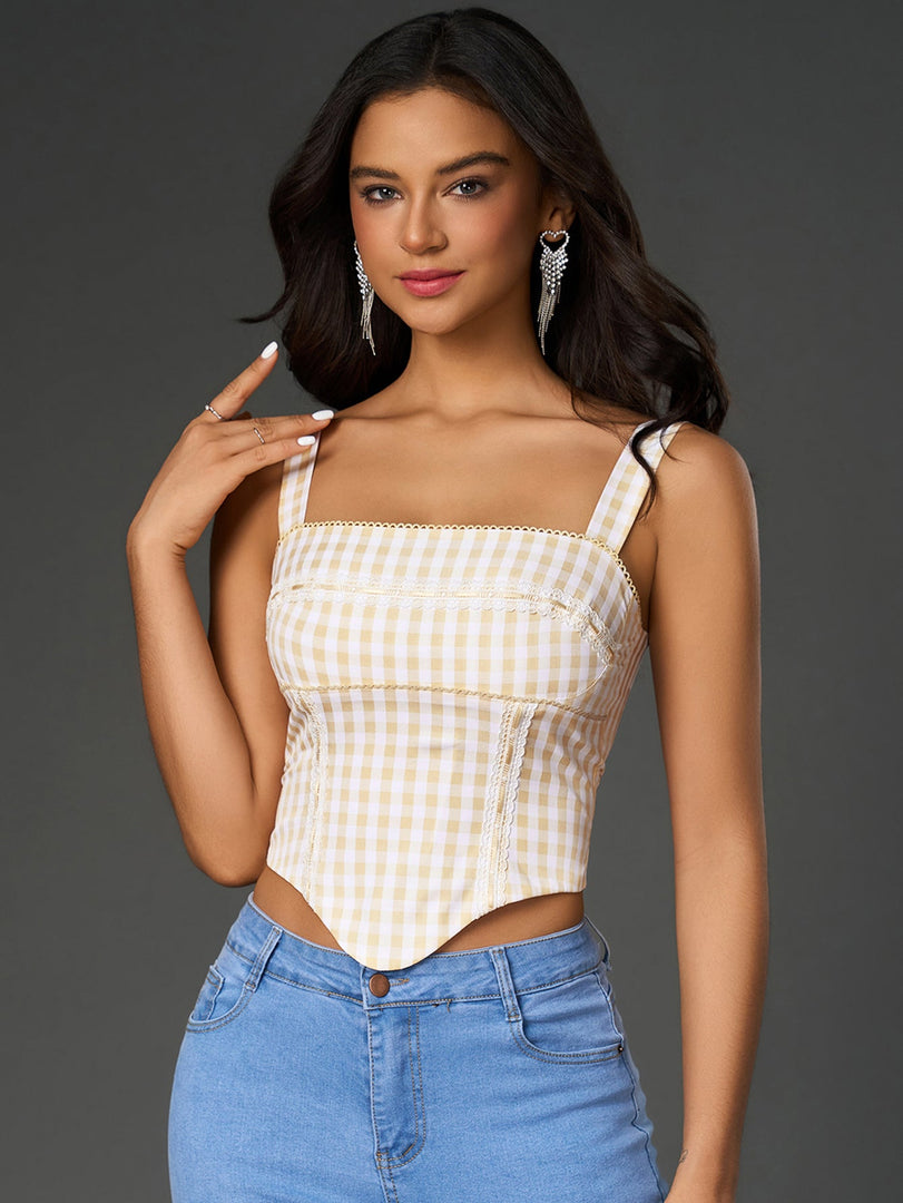 Embellished Lace Asymmetrical Hem Plaid Print Top | Vacation Top