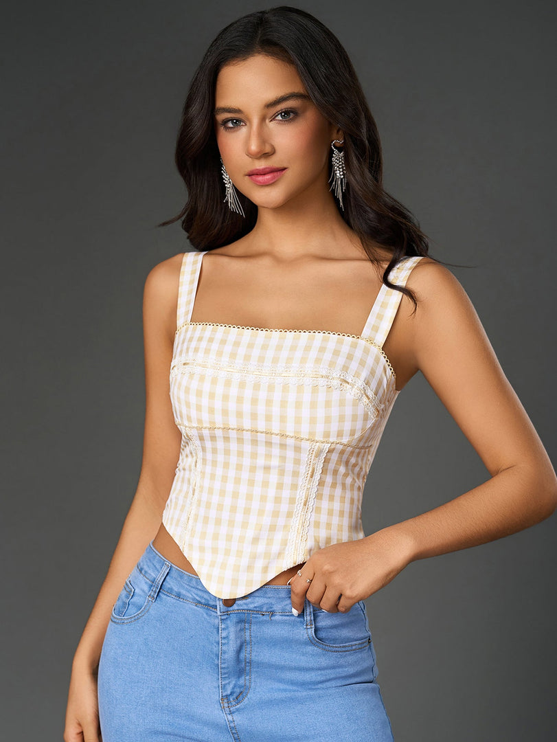 Embellished Lace Asymmetrical Hem Plaid Print Top | Vacation Top