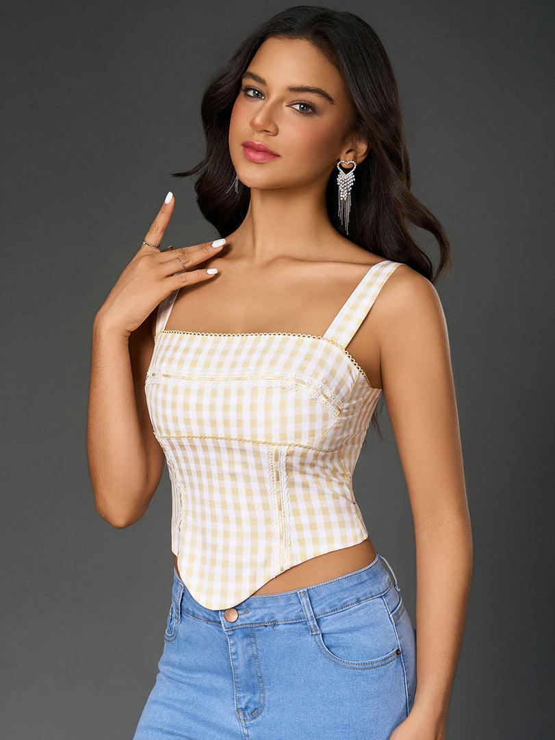 Embellished Lace Asymmetrical Hem Plaid Print Top | Vacation Top