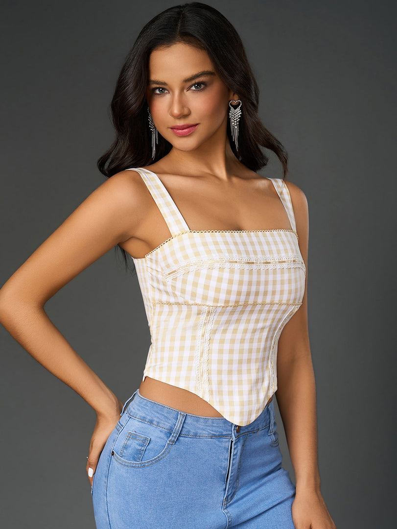 Embellished Lace Asymmetrical Hem Plaid Print Top | Vacation Top