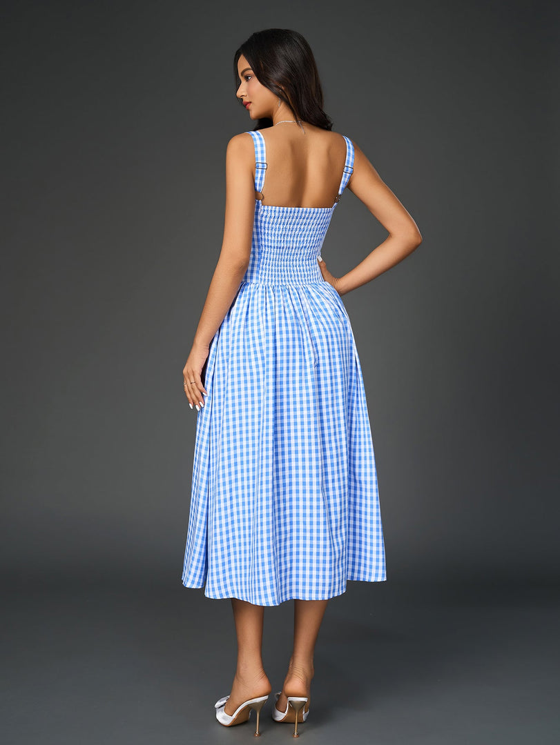 Embellished Lace Trim Pocket Plaid Print Midi Dress | Wedding Guest Dress, Vacation Dress