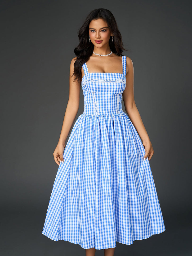 Embellished Lace Trim Pocket Plaid Print Midi Dress | Wedding Guest Dress, Vacation Dress