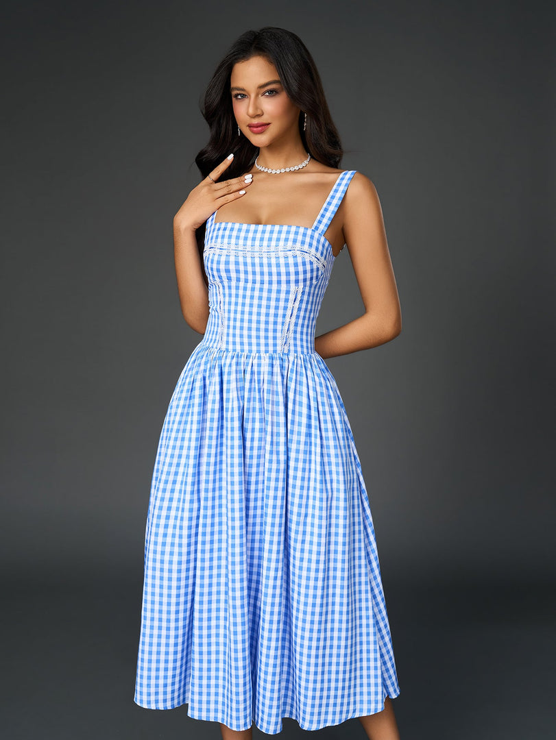 Embellished Lace Trim Pocket Plaid Print Midi Dress | Wedding Guest Dress, Vacation Dress