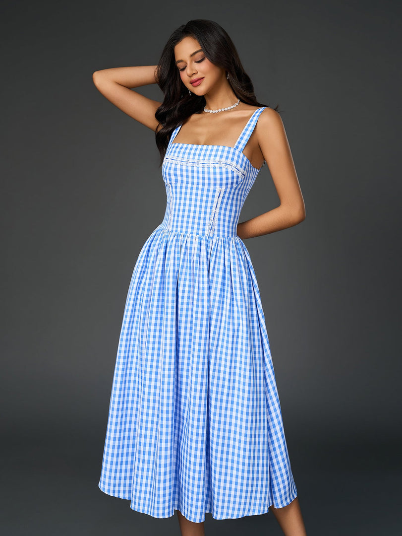 Embellished Lace Trim Pocket Plaid Print Midi Dress | Wedding Guest Dress, Vacation Dress