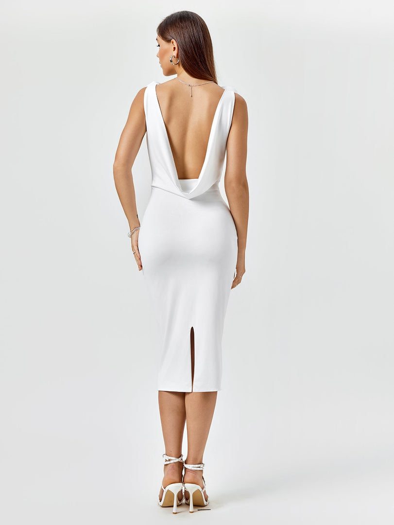Embellished V-Neck Draped Back Midi Dress | Wedding Guest Dress, Cocktail Dress