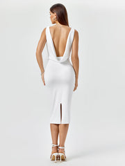 Embellished V-Neck Draped Back Midi Dress | Wedding Guest Dress, Cocktail Dress