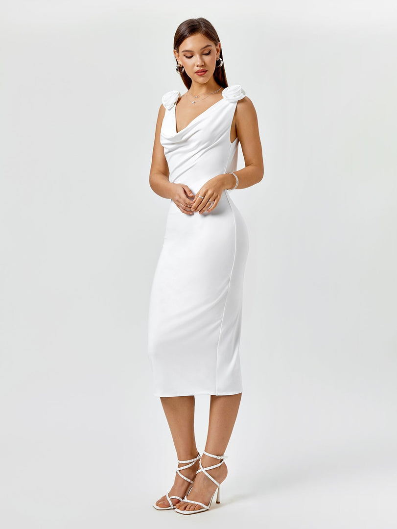Embellished V-Neck Draped Back Midi Dress | Wedding Guest Dress, Cocktail Dress