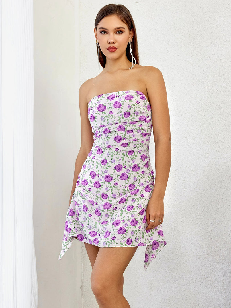 Floral Print Ruched Side Tube Dress | Wedding Guest Dress, Vacation Dress