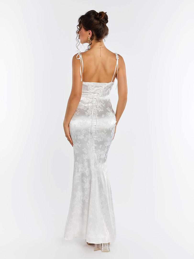 Floral Jacquard Lace Up Backless Split Hem Satin Dress | Wedding Guest Dress, Vacation Dress