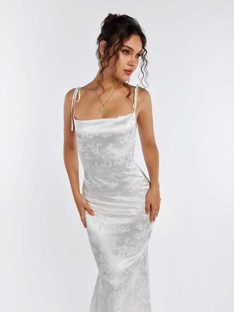 Floral Jacquard Lace Up Backless Split Hem Satin Dress | Wedding Guest Dress, Vacation Dress