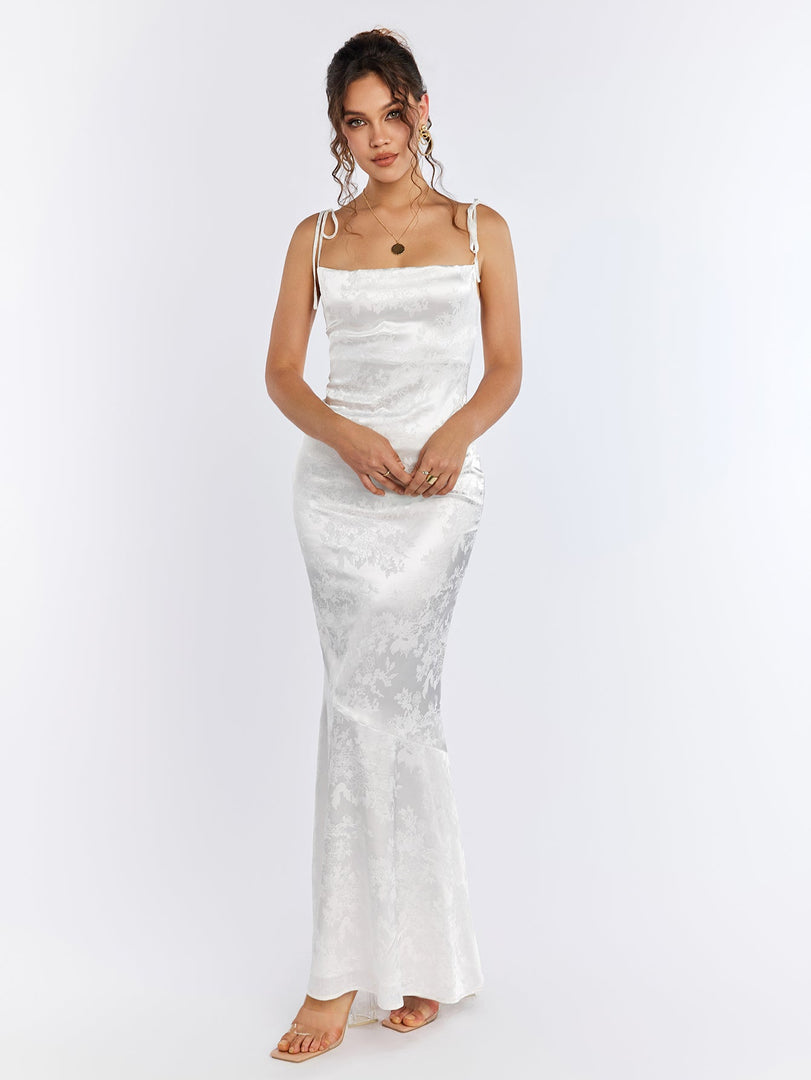 Floral Jacquard Lace Up Backless Split Hem Satin Dress | Wedding Guest Dress, Vacation Dress