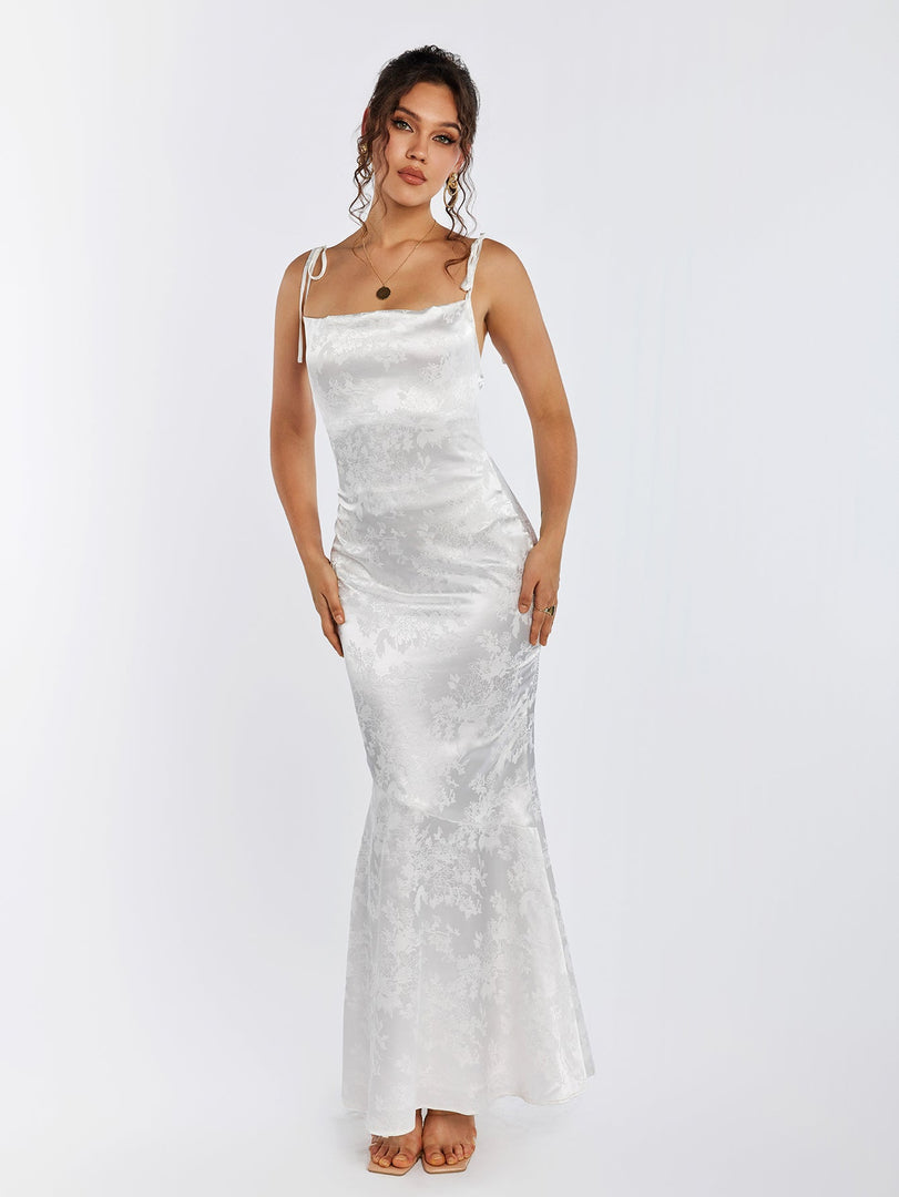 Floral Jacquard Lace Up Backless Split Hem Satin Dress | Wedding Guest Dress, Vacation Dress