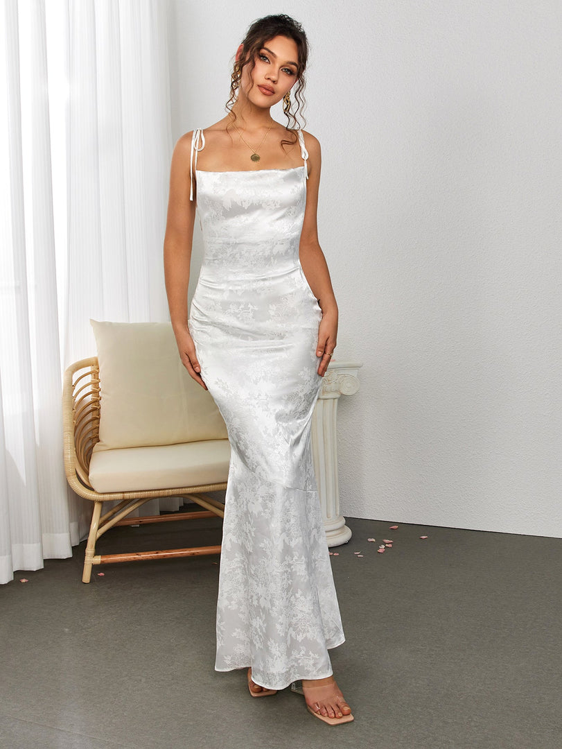Floral Jacquard Lace Up Backless Split Hem Satin Dress | Wedding Guest Dress, Vacation Dress