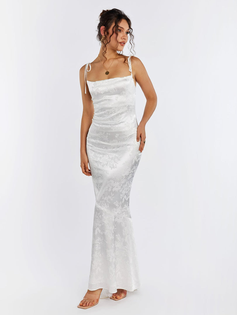 Floral Jacquard Lace Up Backless Split Hem Satin Dress | Wedding Guest Dress, Vacation Dress